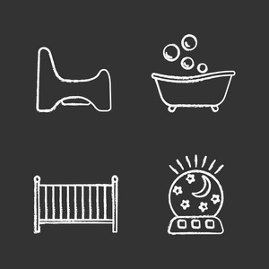 儿童保育粉笔图标设置。马桶椅, 浴缸, 婴儿床, 夜灯。孤立的矢量黑板插图