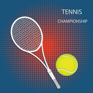 网球拍和绿色球红色抽象元素在蓝色背景媒介艺术