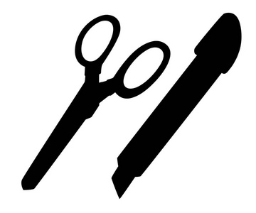 黑色剪影。文具刀和剪刀。平面式设计。办公工具。在白色背景上隔离的矢量插图