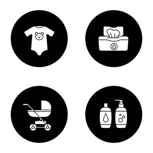 设置儿童保育标志符号图标。婴儿车, 紧身衣裤, 湿巾, 洗发水和肥皂。黑色圆圈中的矢量白色剪影插图