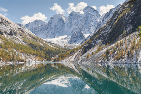 雪覆盖冬季高山湖泊，俄罗斯 西伯利亚 阿尔泰山，丘亚岭