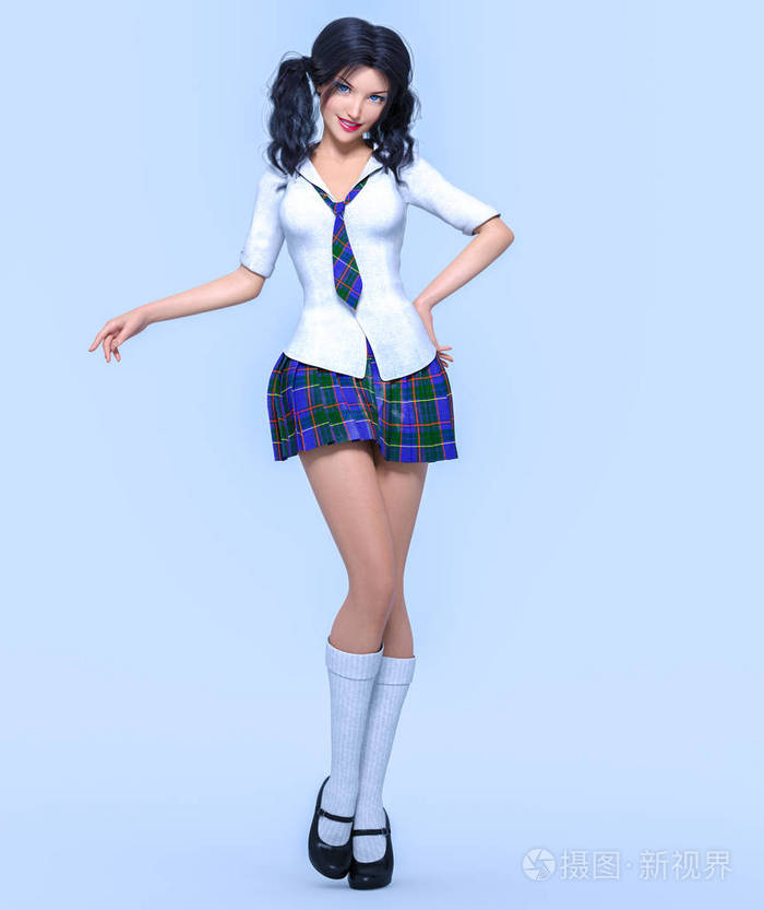 3d 美丽的年轻迷人的女孩校服.白色上衣, 蓝色短裙笼.女演播室摄影.