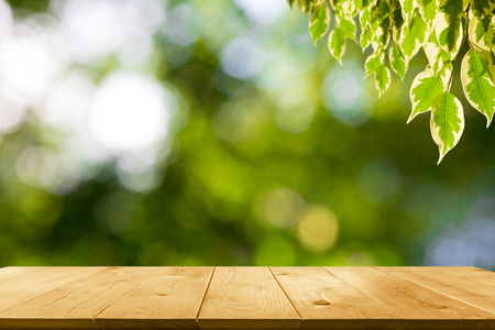 带叶子的木桌在自然背景和拷贝空间为插入文本