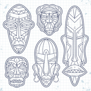 矢量素描图标, 一套非洲族裔部落面具.礼节标志照片