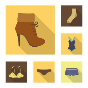 服装和附件平面图标集的设计。鞋和装饰矢量符号股票网站插图