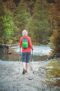 女人用棍棒走在森林户外徒步旅行者。旅游概念