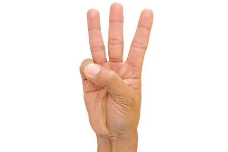 男性的手显示孤立在白色背景上的三根手指