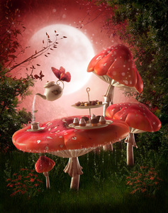 红色蘑菇的童话花园