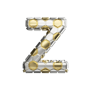 字母 Z 大写。足球字体由银和金足球纹理。3d 渲染在白色背景下被隔离