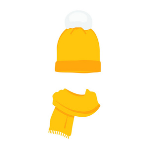 光栅插图黄色针织围巾和帽子被隔离在白色背景。冬季围巾