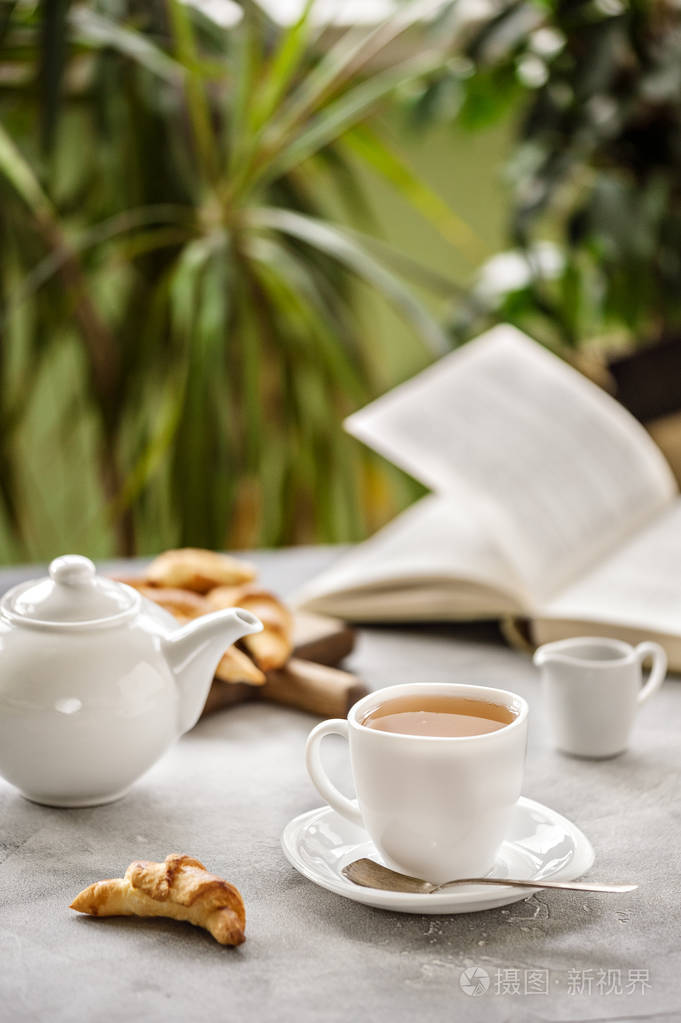 和模糊的打开书和绿色植物在混凝土桌上用白色茶壶的热杯茶特写照片