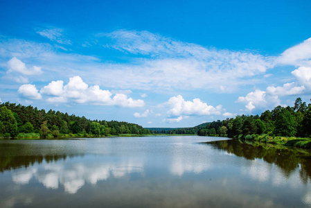 阳光明媚的夏日里的湖景。水中的天空倒影