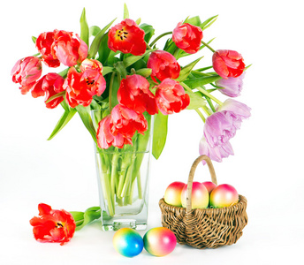 多彩春天的花朵和复活节彩蛋