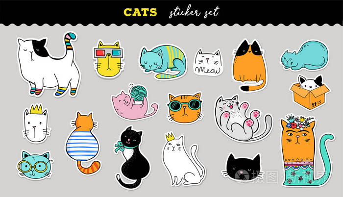 猫可爱的贴纸收藏.矢量手绘插图