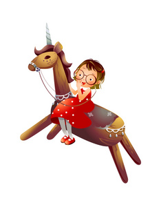 独角兽和谐女孩骑木独角兽照片