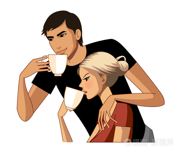 喝咖啡对年轻夫妇插画-正版商用图片059dea-摄图新视界