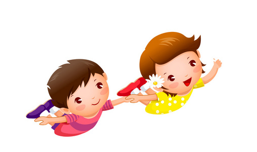 男孩和女孩飞手挽手男孩和女孩玩乐器矢量图卡通人物儿童, 男生, 女生