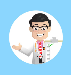 卡通快乐医生显示核对表向量插画