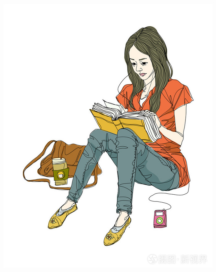 女人阅读本书的侧视图插画-正版商用图片059h8u-摄图新视界