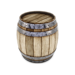 与旧桶的藤蔓木桶与铁箍隔离在白色背景.3d 渲染.在箍上生锈的旧桶.