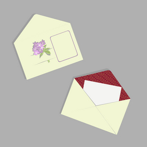 信封与前面的鲜花和空白便笺内。矢量插图