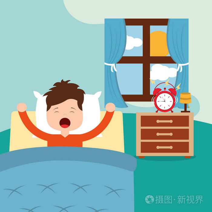 矢量图的小男孩在白色背景上的床上醒来
