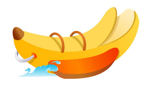 上的香蕉船香蕉船香蕉船水极限运动,隔离夏天度假活动概念,卡通波冲浪