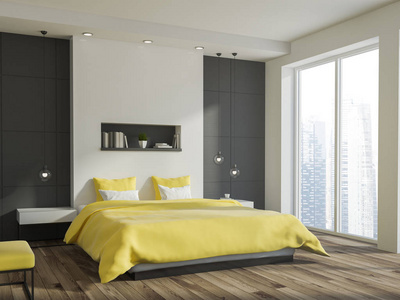 白色和灰色的墙壁卧室内部有一个黄色的床, 上面的架子, 一个木地板和一个全景窗口。3d 渲染模拟