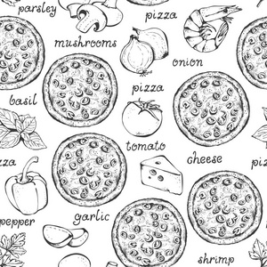 比萨配料矢量无缝图案, 手绘食品背景与文字