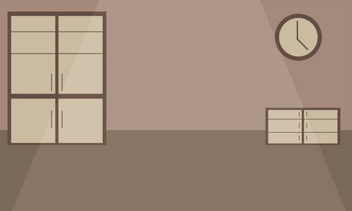 墙上有橱柜,抽屉柜和钟的空房间照片
