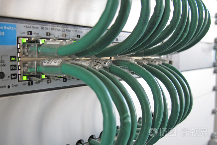 在数据处理中心的机架中绿色计算机网络电缆