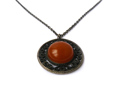 青铜链项链, 古董项链, 吊坠, 琥珀坠, 青铜吊坠, 青铜链, 银色项链