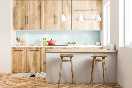 白色斯堪的纳维亚风格的厨房内饰与蓝色瓷砖和白色墙壁, 木地板, 木台面和橱柜和酒吧与凳子。3d 渲染模拟