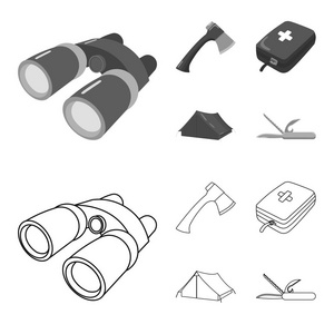 斧头, 急救箱, 旅游帐篷, 折叠刀。露营集合图标的轮廓, 单色风格矢量符号股票插画网站