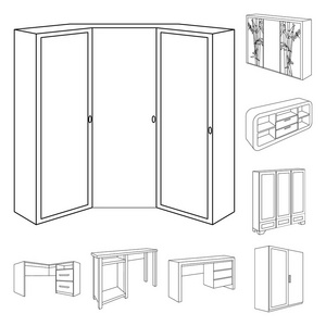卧室家具轮廓图标集集合中的设计。现代木家具等距矢量符号股票 web 插图