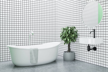 白色瓷砖浴室配有水泥地板白色浴缸和圆水槽。3d 渲染, 模拟