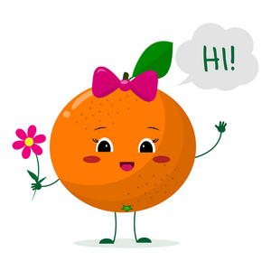 可爱的橙色卡通人物与粉红色的弓捧着花, 欢迎