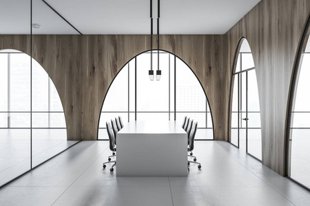 现代办公会议室内有混凝土地板拱形木墙和全景窗。白色的桌子和椅子。3d 渲染模拟