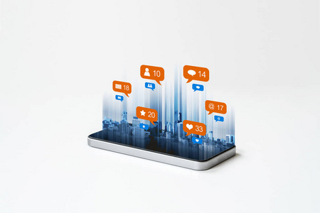 手机智能手机技术, 带有社交媒体社交网络通知图标。在白色背景上