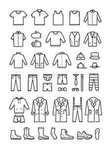 男装套装男装服装, 男性时尚线矢量图标套装照片