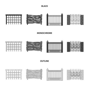 一块金属和砖块的栅栏, 木栅栏。一个不同的围栏集合图标黑色, 单色, 轮廓样式矢量符号股票插画网站