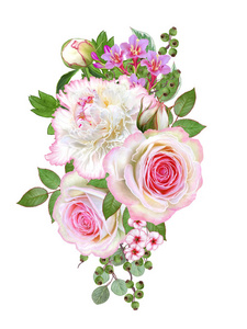 花组成。一束娇嫩的粉红色玫瑰, 花蕾, 绿叶。在白色背景上被隔离