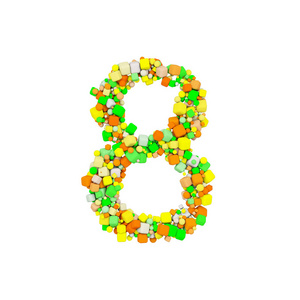 字母数字8。由橙色绿色和黄色形状立方体组成的滑稽字体。3d 渲染在白色背景下被隔离