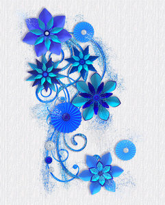 3d 渲染。蓝色纸花的构成, 植物设计, 插花, 墙壁装饰, 卡片