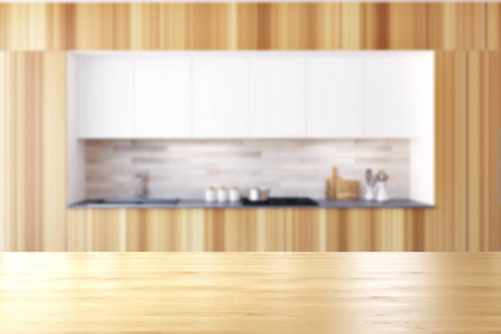 木制家具厨房内饰与台面, 内置用具和炊具。3d 渲染模拟模糊