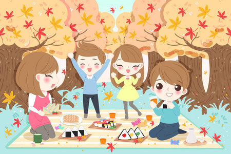 和服枫叶可爱的卡通家庭在野餐与枫木照片