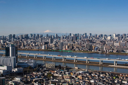 市中心大厦和东京塔地标与山富士在白天