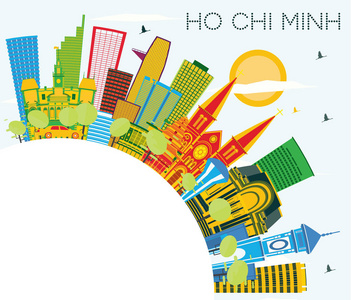 胡志明市天际线, 彩色建筑, 蓝天和复制 Spac