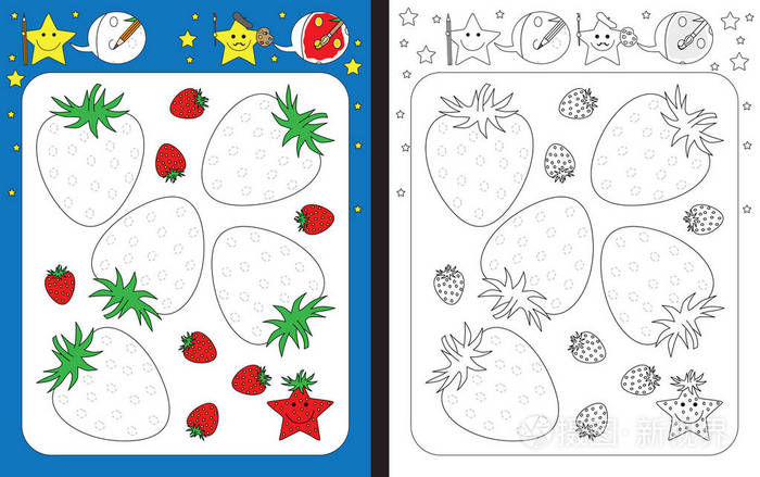 学龄前表中的练习精细动作技能-跟踪冲线-完成的草莓图插画-正版商用