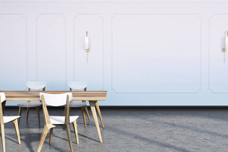 混凝土地板饭厅内有白色 awalls, 长木桌和白色和木制椅子。简约理念。3d 渲染模拟